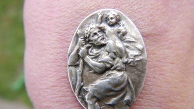 Religious antique French silvered catholic medal pendant plaque memorial tablet of Saint Christopher