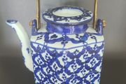 Teapot Blue White Hexagon Shape Brass Handle Floral