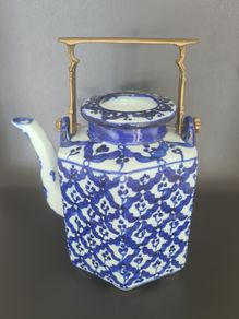 Teapot Blue White Hexagon Shape Brass Handle Floral