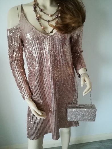 Rose gold Zara dress with matching bag and necklace