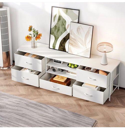 TV Stand Cabinet, TV Unit with 5 Drawers, 140 cm, White TV Console Table with Storage Organizers, Entertainment Center with Open Shelf for Living Room, Bedroom