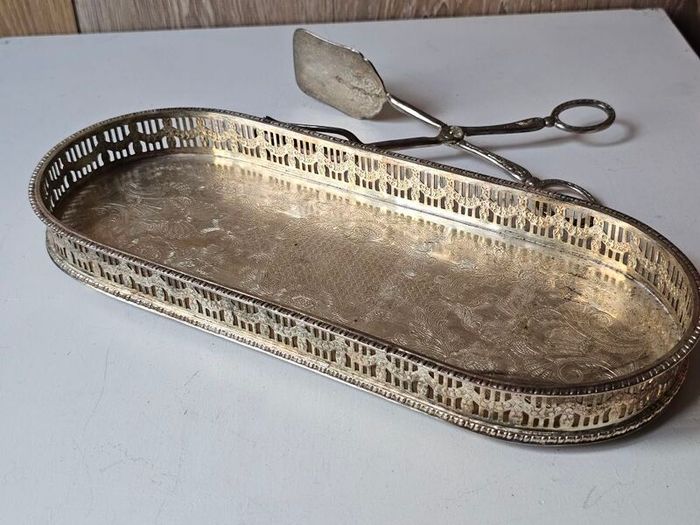 Vintage Silver Plated Serving Tray and Server Tongs