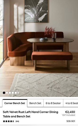 Next Soft Rust Velvet Left Hand Corner Booth And Table - Brand New