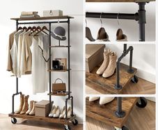 Coat Stand portable Wood Effect,  lockable wheels Vintage Dark Brown