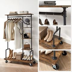 Coat Stand portable Wood Effect,  lockable wheels Vintage Dark Brown
