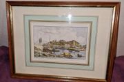 Antique Coloured etching of Angers Le Chateau Et Le Pont Suspendu