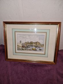 Antique Coloured etching of Angers Le Chateau Et Le Pont Suspendu
