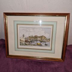 Antique Coloured etching of Angers Le Chateau Et Le Pont Suspendu