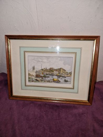 Antique Coloured etching of Angers Le Chateau Et Le Pont Suspendu