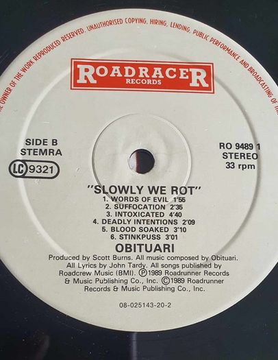 Obituary Slowly We Rot. Original Roadracer Records 1989 Pressing  LP Super Rare Death Metal