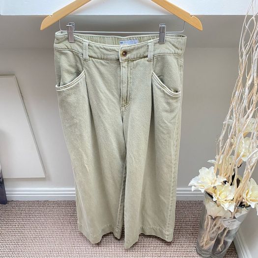 ASOS DESIGN Washed Khaki Laundered Cropped Wide Leg Trousers Pants - UK 10 12
