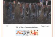 1986 Isle of Man Limited Edition Lithographed Print measuring 333mm X 257mm showing Commonwealth Games Edinburgh Commemorative Stamps with First Day of Issue Cancel