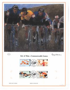 1986 Isle of Man Limited Edition Lithographed Print measuring 333mm X 257mm showing Commonwealth Games Edinburgh Commemorative Stamps with First Day of Issue Cancel