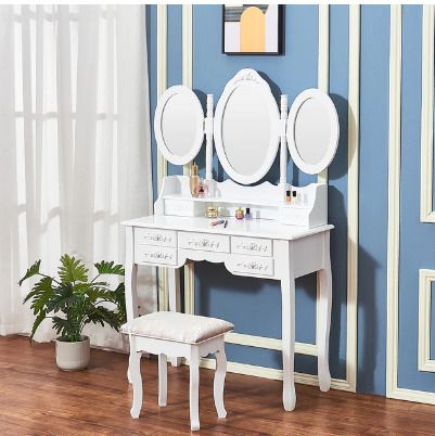 BRAND NEW 7 Drawers Retro Carved Dressing Table With Stool,Tri-Fold,Adjustable Makeup Mirrors,Europe Style Bedroom Furniture