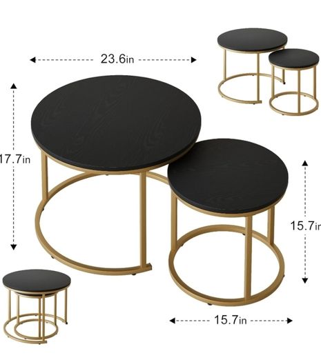 Set of 2 End Table, Nesting Tables, Side Table  Metal Gold Frame for Living Room/Bedroom/Balcony/Office/Apartment, Diameter 23.6/15.7 IN, Black Top, Prevent right angles