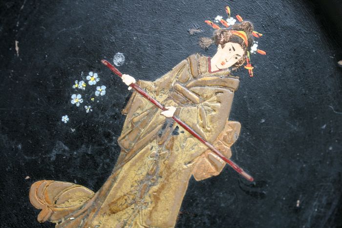19th Century English Chinoiserie Papier Mache Wine Coaster Tray and Mid 19th Century English Victorian Period Papier Mache Tray with Mother-of-Pearl