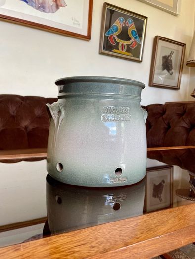 Handcrafted Kiltrea Bridge Pottery Stoneware Onion Crock Smooth Sage Green Glaze Embossed Onion Crock