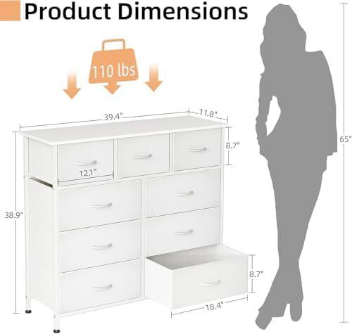 Chest of Drawers with 9 Drawers, Fabric Storage Dresser for Bedroom, Tall Drawer Organizer