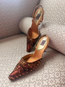 Fabulous Carrie Bradshaw style gold and bronze, embellished sling-backs