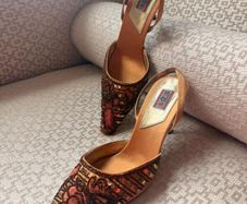 Fabulous Carrie Bradshaw style gold and bronze, embellished sling-backs