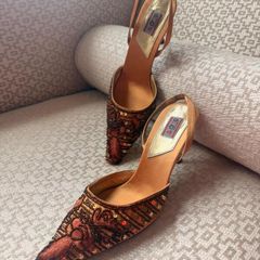 Fabulous Carrie Bradshaw style gold and bronze, embellished sling-backs
