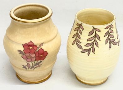 2 Charlotte Rhead pottery vases, designed for Crown Ducal. 18cm