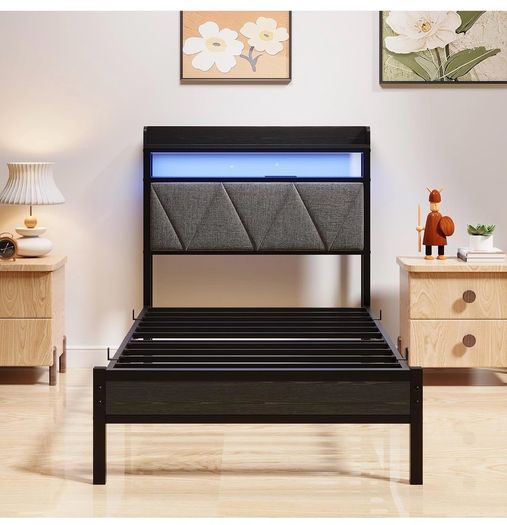 Single Bed Frame with 3ft Upholstered Wooden Storage Headboard, Grey Single Bed Frame with LED Lights & USB Charging, 90x190cm Two-shelf Storage Headboard, Heavy Duty Slats for Small Bedrooms