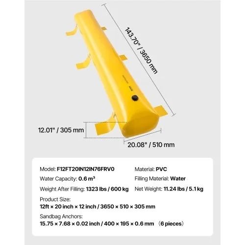 3.66 m Length x 51 cm Height Sandbag Alternative, Water Barrier for Flooding with Great Waterproof Effect, Reusable PVC Water Diversion Tubes, Flood Barriers for Home, Door, Garage