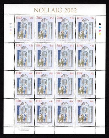 2002 Ireland Christmas Commemorative Stamp Sheetlets Plate 1B1B1B1B Mint Never Hinged (MNH).