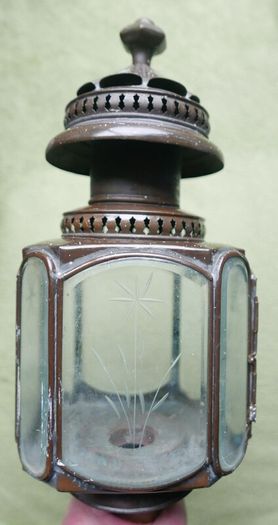 Vintage Pair of Brass Carriage Lamps, by Lime House Lamp Company, pierced canopies, bevelled etched glass chambers, 22" long