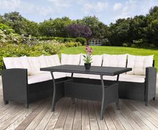 Polyrattan Corner Lounge Garden Furniture Set with WPC Dining Table  Weatherproof Outdoor Corner Sofa Seating Set for Garden, Patio or Balcony  Cream or Grey