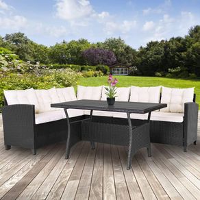 Polyrattan Corner Lounge Garden Furniture Set with WPC Dining Table  Weatherproof Outdoor Corner Sofa Seating Set for Garden, Patio or Balcony  Cream or Grey