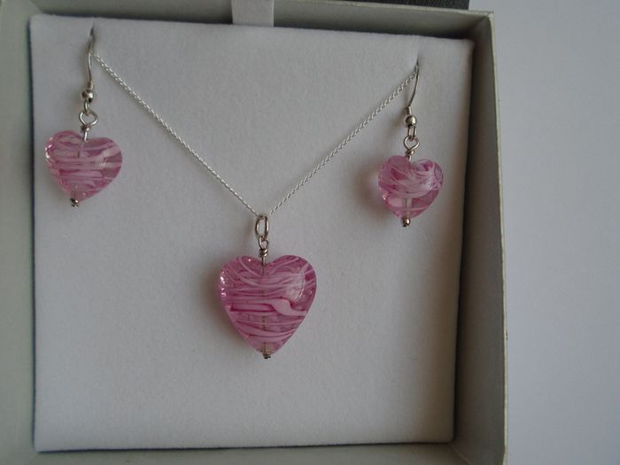Jewellery set, Glass heart necklace.earrings,Silver jewellery.Valentines Day