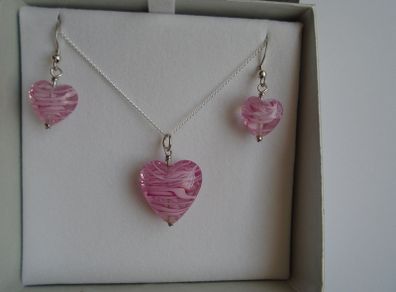 Jewellery set, Glass heart necklace.earrings,Silver jewellery.Valentines Day