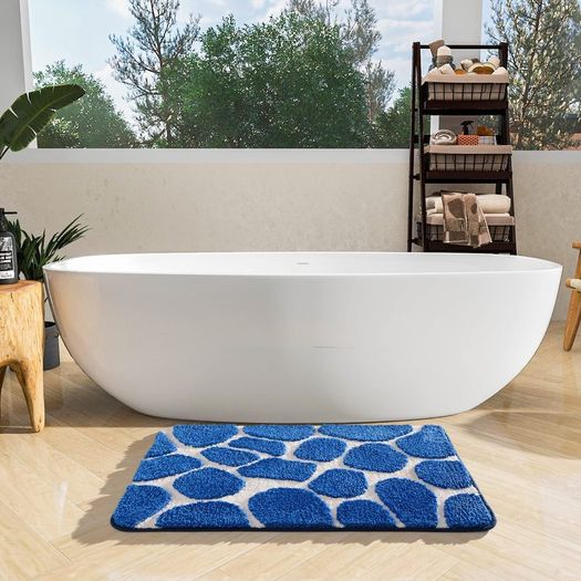 Microfibre Bath Mat 50x80 CM, Ultra Soft Bathroom Mat, Cobblestone Bath Mats for Bathroom, Living Room and Bedroom, Royal Blue & White
