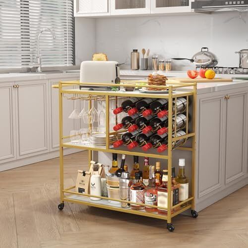 Drink Trolley, Bar Cart with Lockable Wheels, 12 Wine Rack and 3 Rows Glass Holders Gold