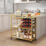 Drink Trolley, Bar Cart with Lockable Wheels, 12 Wine Rack and 3 Rows Glass Holders Gold Image 7