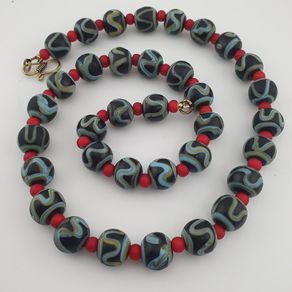 Antique Venetian Style Zigzag Pattern & Venetian WhiteHeart Glass Beads Necklace