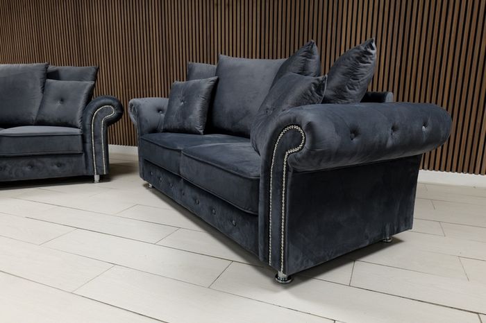 Olympia Grey Chester Arms Plush Velvet Fabric Sofa