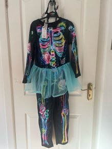 Girls Skeleton Halloween Outfit with Headband 9-10