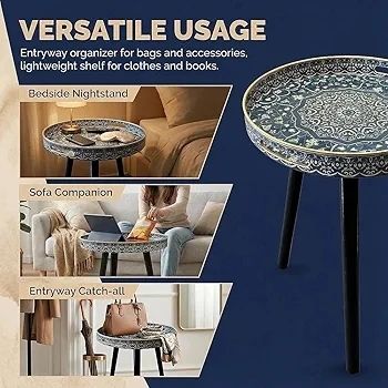 Round Outdoor Side Tables with Detachable Wooden 3 Legs, Versatile Tray Table, Perfect For Round Coffee Table Tea, and Relaxation Time 17.7 Inch (Blue Maze)