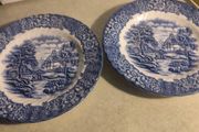 SET OF 2 British Anchor Blue and White Ironstone China Memory Lane 9 1/2 INCHES SALAD Plate , Vintage Farmhouse Antiques