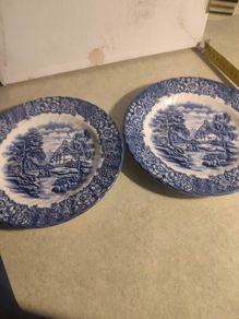 SET OF 2 British Anchor Blue and White Ironstone China Memory Lane 9 1/2 INCHES SALAD Plate , Vintage Farmhouse Antiques