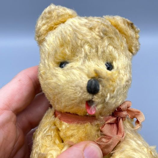 Vintage Teddy Bear - Jointed - Glass Eyes with Ribbon - 14cm