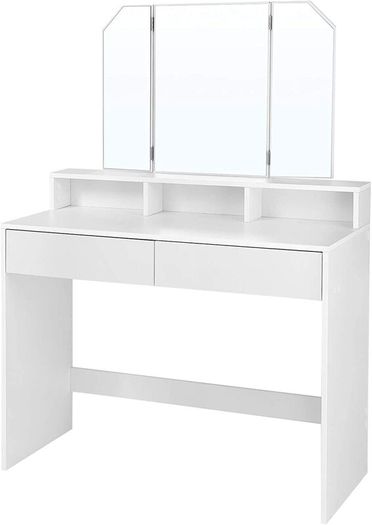 Dressing Table with Folding Mirror and 2 Drawers, Cosmetic Table with 3 Open Compartments, Dressing Table for Make-up, Modern, White,