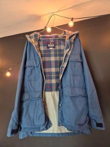 Woolrich Hooded Parka Jacket Blue Plaid Lined Made in USA Size L
