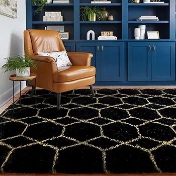 Geometric Rug for Bedroom, 90x150 Black and Gold Living Room Area Rugs for Kids Baby Room, Nursery, Dorm, Lounge Decor, Thick Soft Fluffy Plush Small Non-slip Floor Carpet