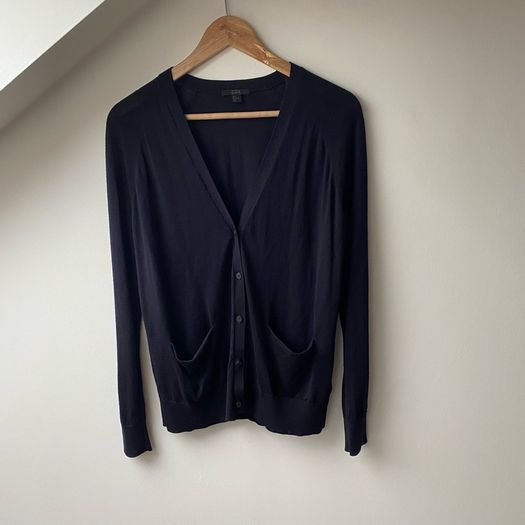 COS 100%  Wool V-Neck Cardigan Jumper with Pockets Dark Navy Blue Size S Excellent Condition