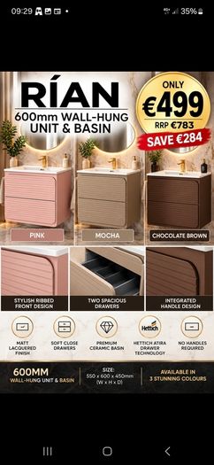 RIAN 600 wall hung unit basin pink ,mocha,chocolate brown