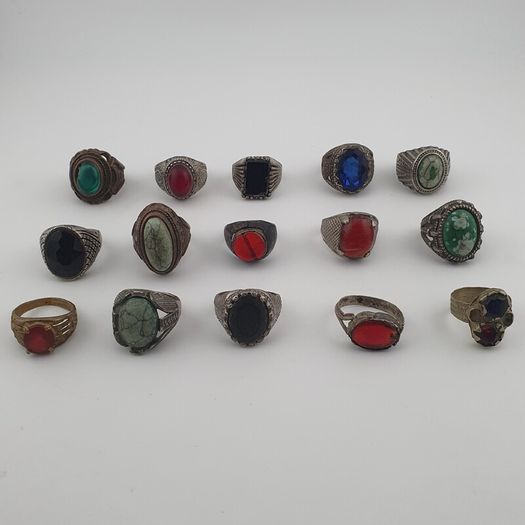 Antique Lot of 15 Bohemian Brass Rings  Assorted Ethnic & Tribal Designs
